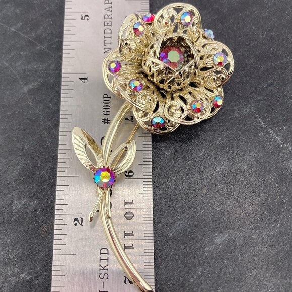 SARAH COVENTRY Rhinestone and silver tone filigree flower brooch vintage 50s pin - Picture 2 of 6